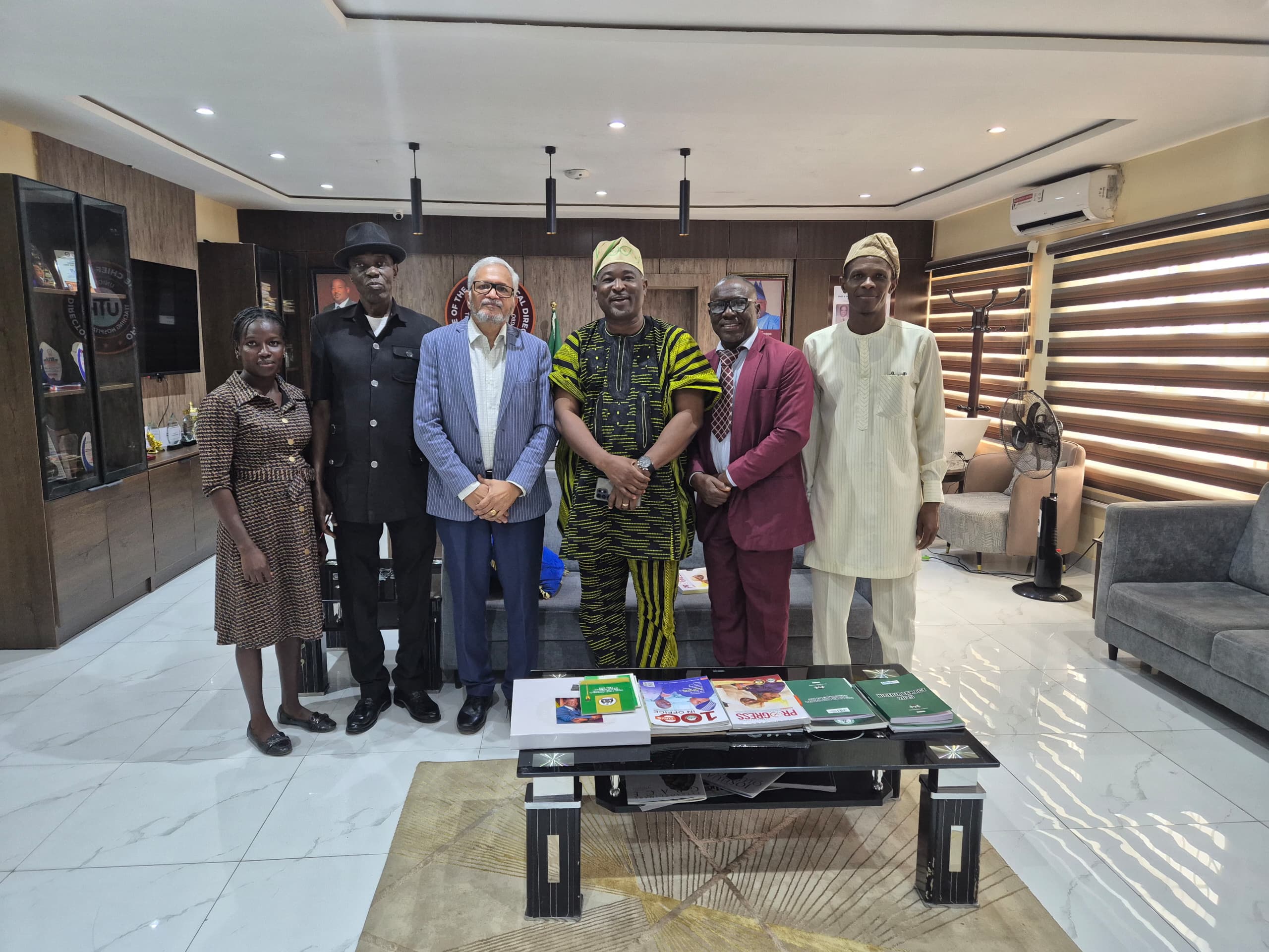 The Chief Medical Director, Dr. Babatunde Afolabi  flanked by members of the Management Committee and the General Manager SAM PHARMACEUTICALS LTD Mr. Suresh Nair
